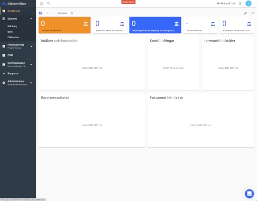 Så här ser startsidan ut i bokföringsprogrammet 24SevenOffice + byrå